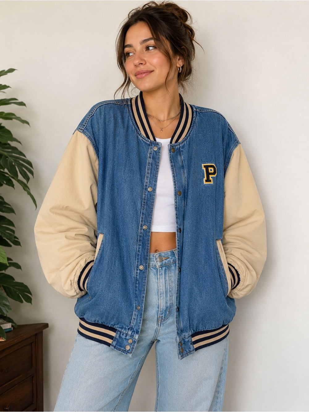 Vintage Disney Store Winnie The Pooh Denim Varsity Bomber Jacket XL